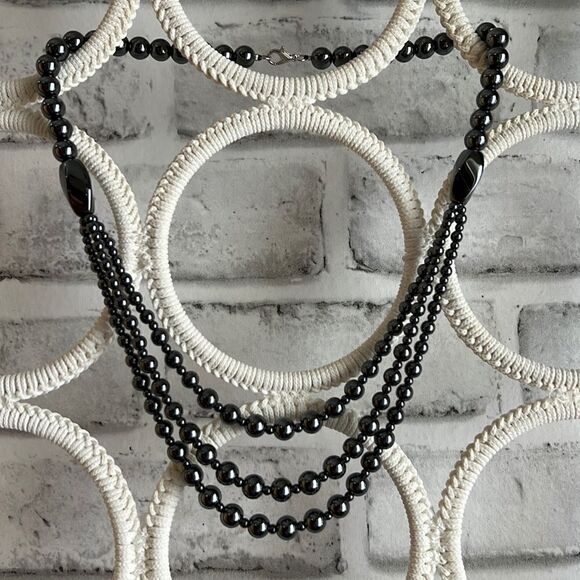 New! Hematite Beaded Stone Necklace, Layered Metallic - Picture 1 of 8